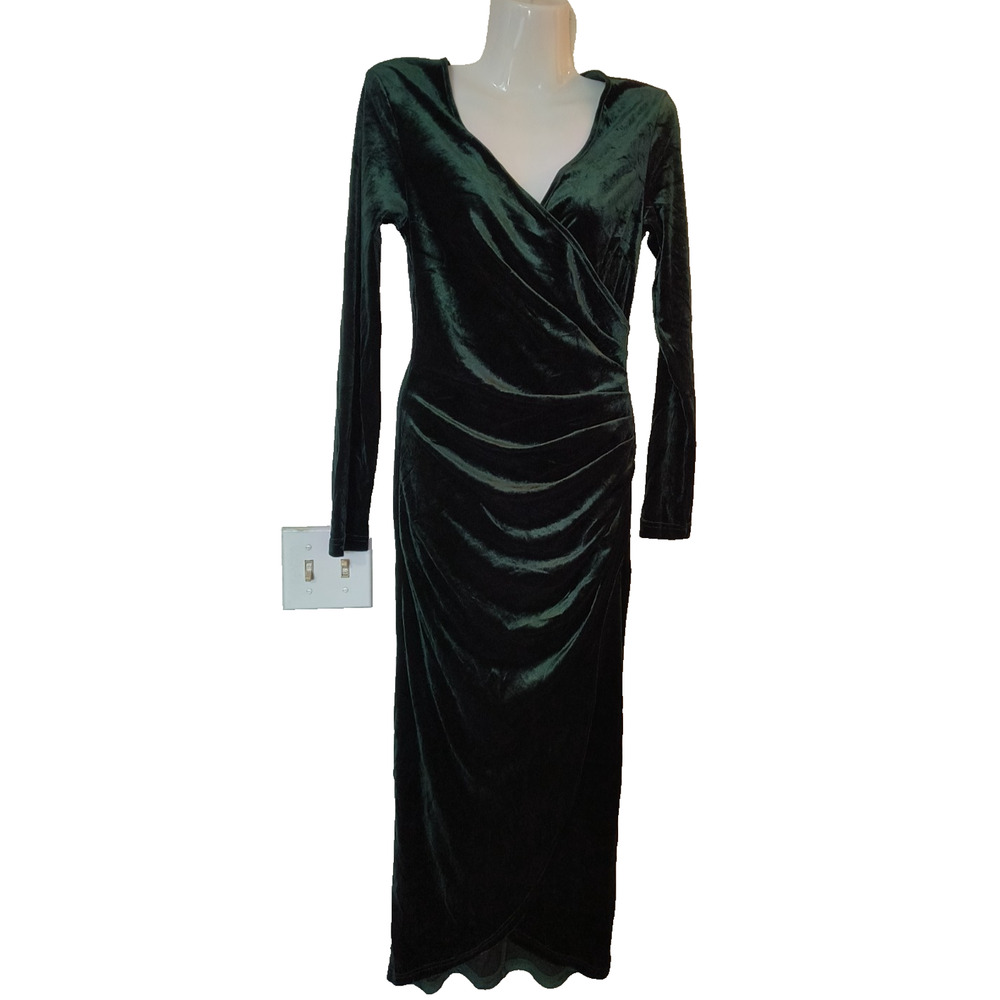 Dirass Women’s Dark Green Velvet Long Sleeve Asymmetrical Dress Size S W004